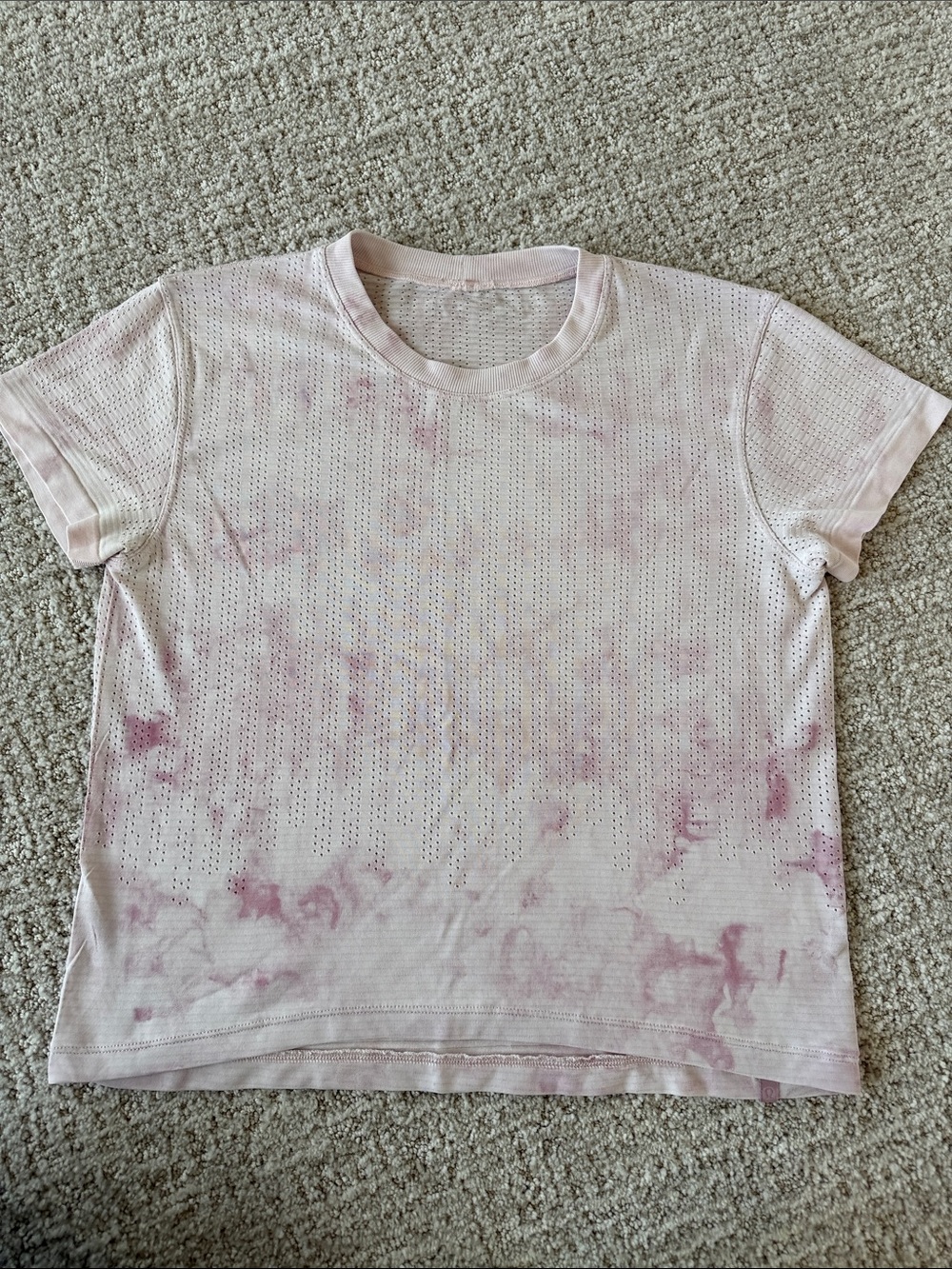 Women's Pink Tie-Dye Perforated Short Sleeve Top